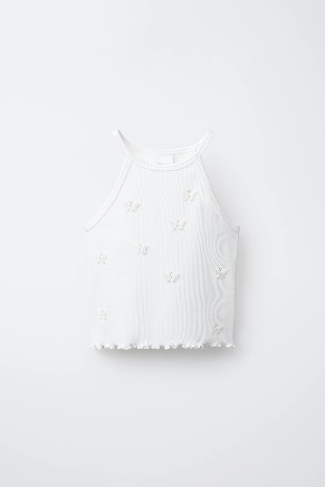 BUTTERFLY AND FLOWER RIBBED TOP