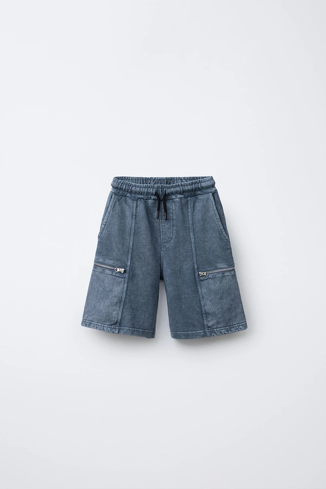 WASHED EFFECT ZIP POCKET SHORTS
