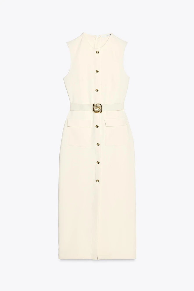 BELTED CREPE MIDI DRESS