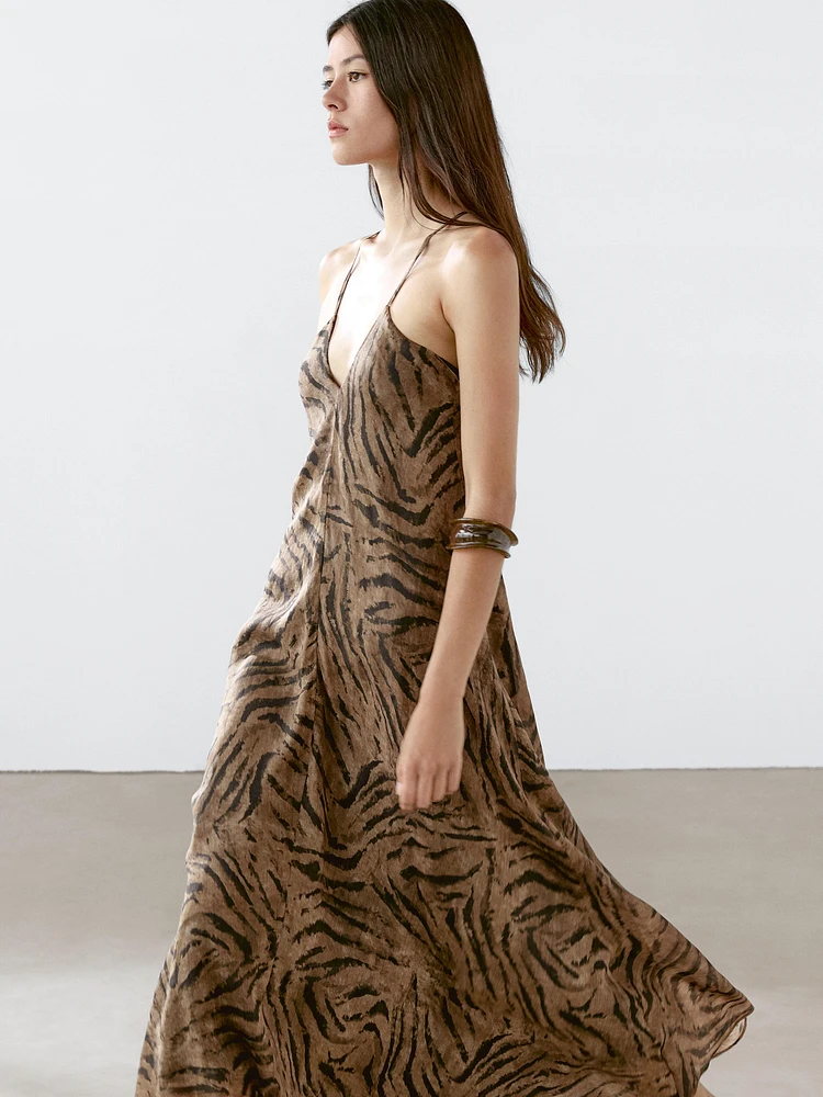 Long ramie blend animal print dress