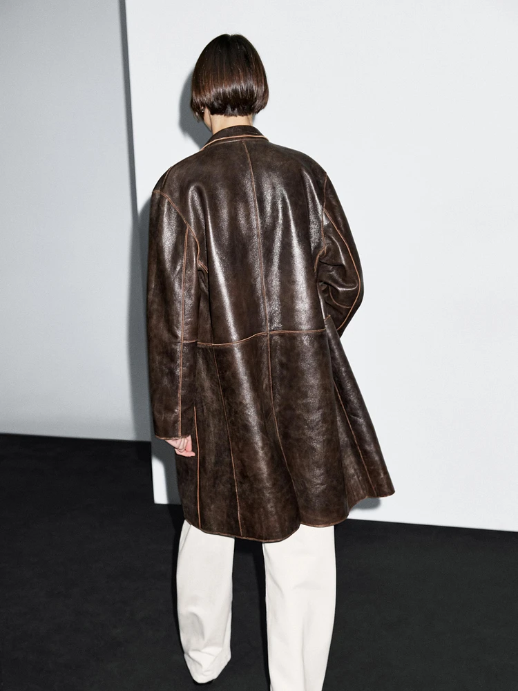 Distressed nappa leather coat