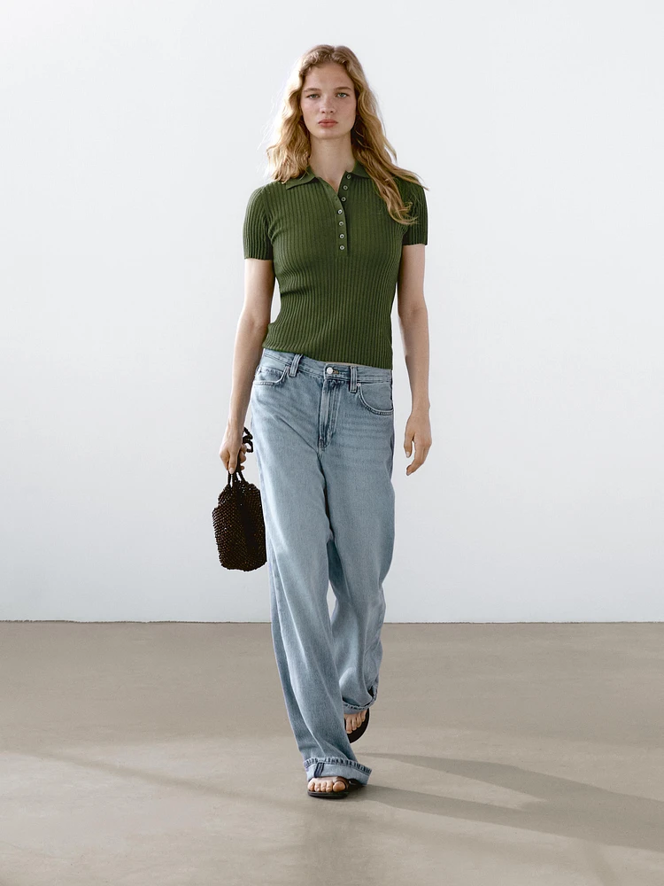 Knit cotton blend polo sweater