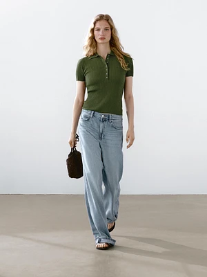 Knit cotton blend polo sweater