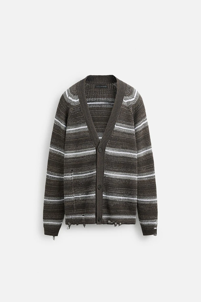 DISTRESSED STRIPED CARDIGAN