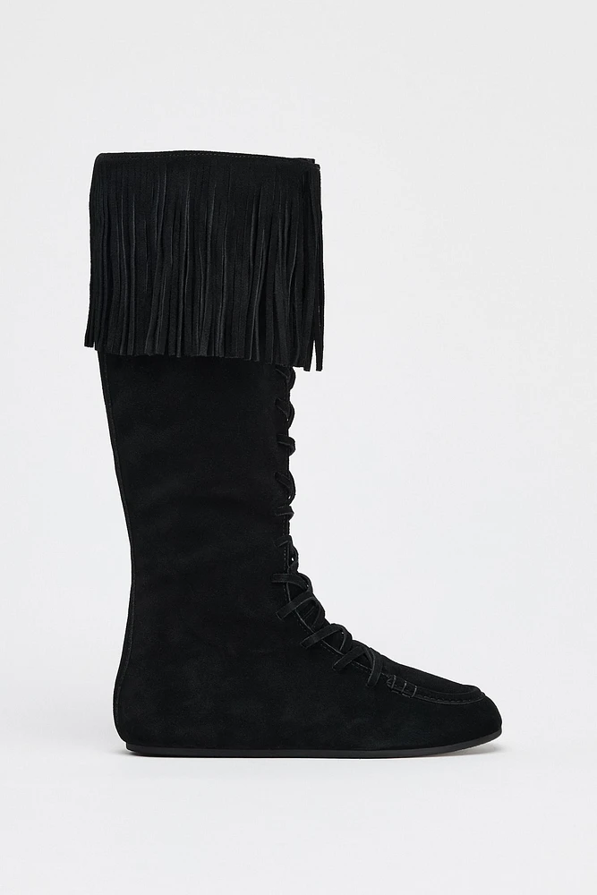 FRINGE LACE-UP SPLIT LEATHER BOOTS