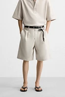 PLEATED COTTON LINEN SHORTS