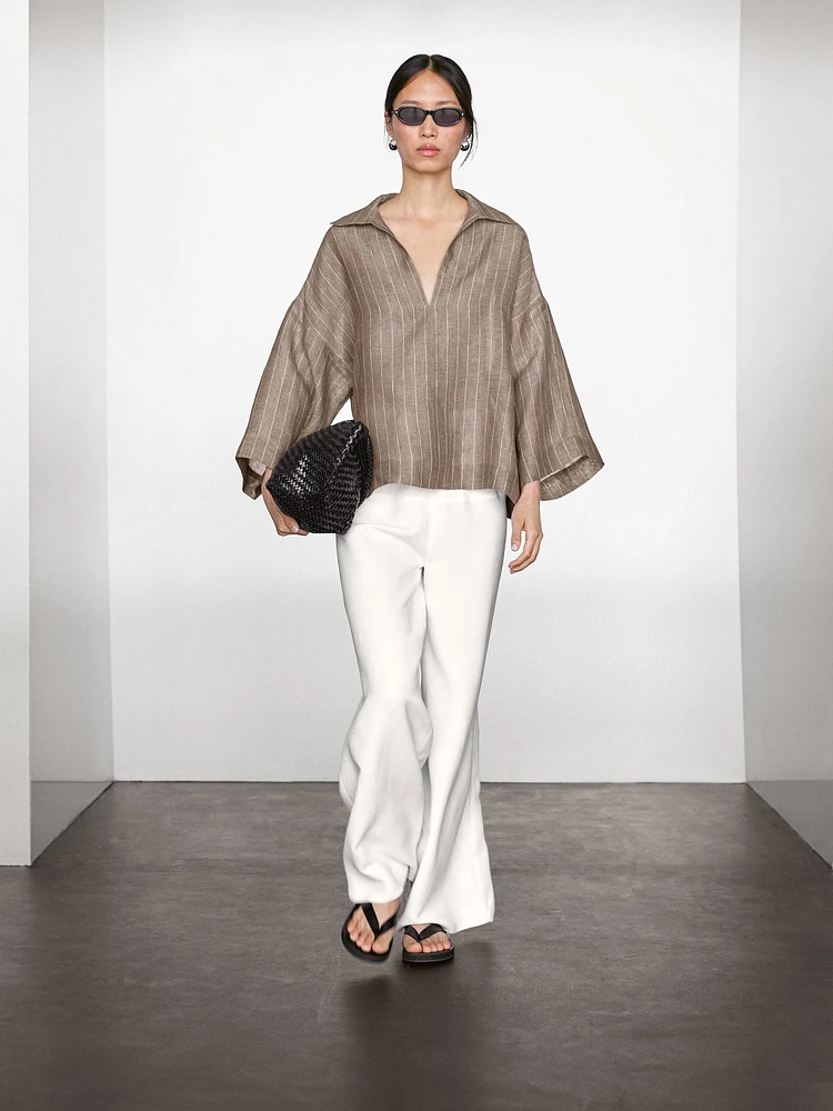 Striped linen open neck blouse