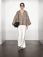 Striped linen open neck blouse