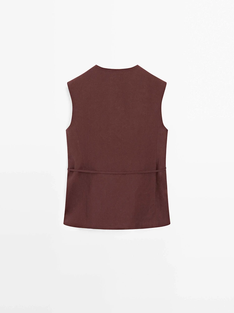 Long 100% linen waistcoat with ribbons