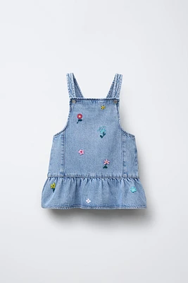 ROBE-SALOPETTE EN DENIM FLEURS BRODÉES