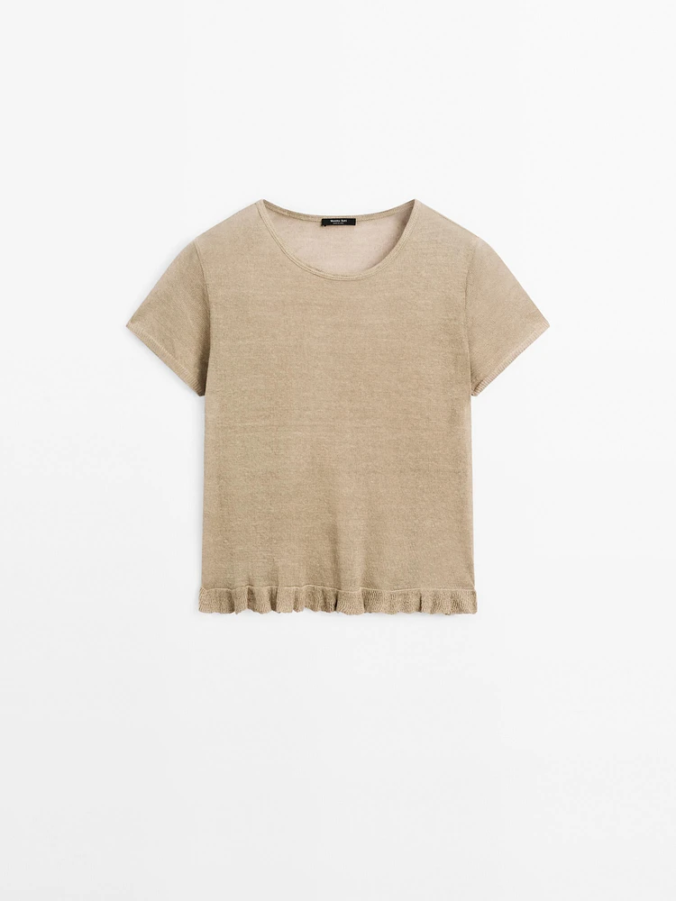 100% linen T-shirt with ruffled hem