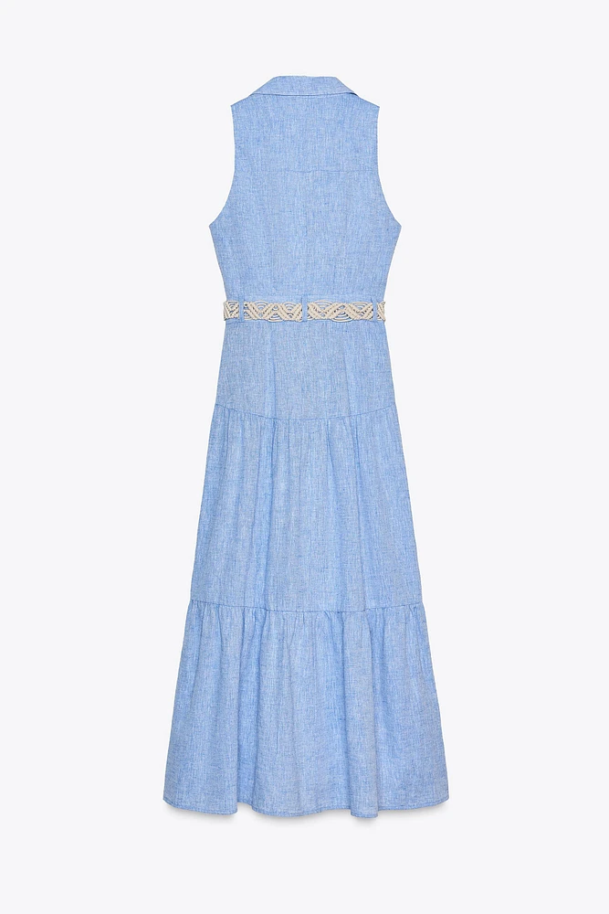 LINEN BELTED MIDI DRESS