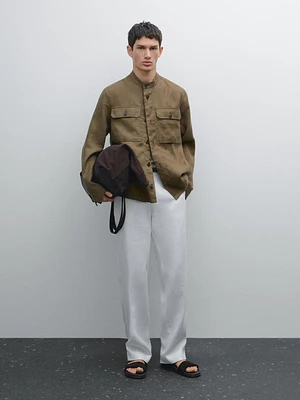 100% linen stand collar overshirt