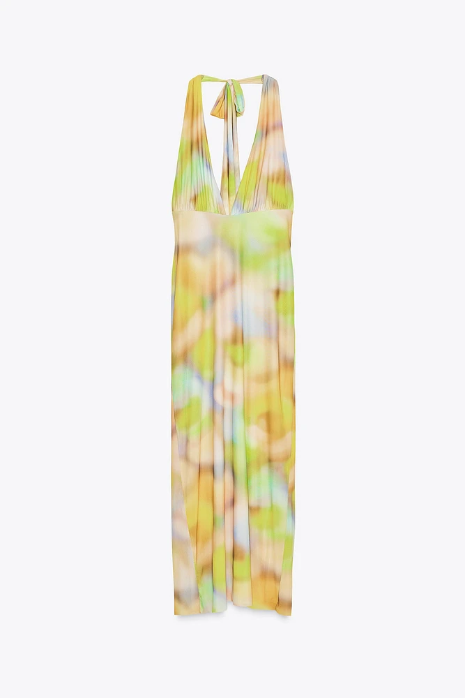 PRINTED TULLE MIDI HALTER DRESS