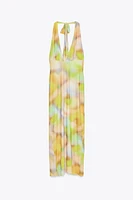PRINTED TULLE MIDI HALTER DRESS