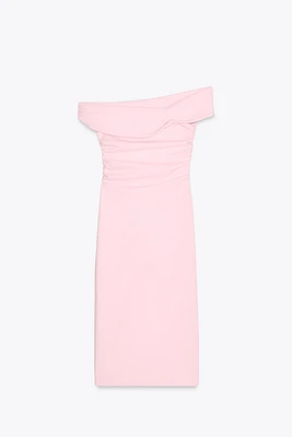 ASYMMETRIC RUCHED MIDI DRESS