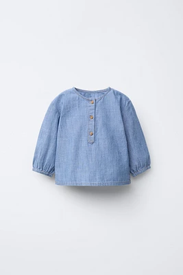 FLOWY DENIM HENLEY SHIRT