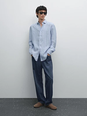 Regular fit striped 100% linen shirt