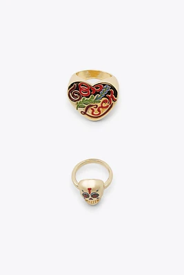 2-PACK OF ENAMELED SKULL AND HEART RINGS
