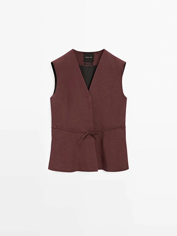 Long 100% linen waistcoat with ribbons