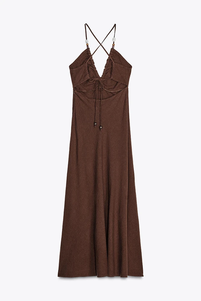 BEADED LINEN MIDI DRESS