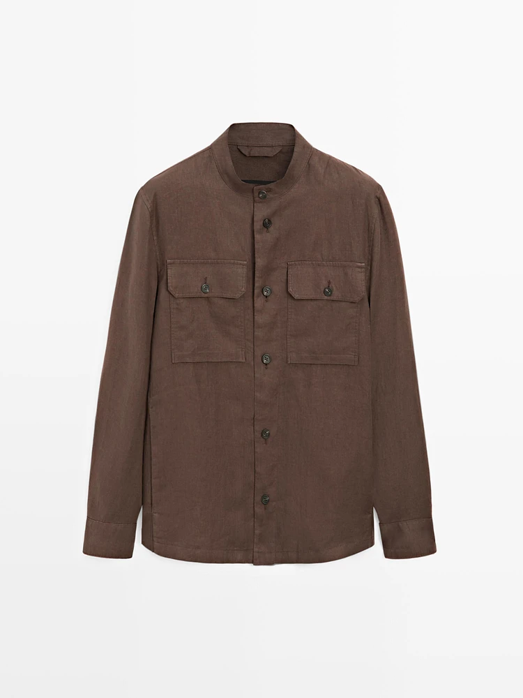 100% linen stand collar overshirt