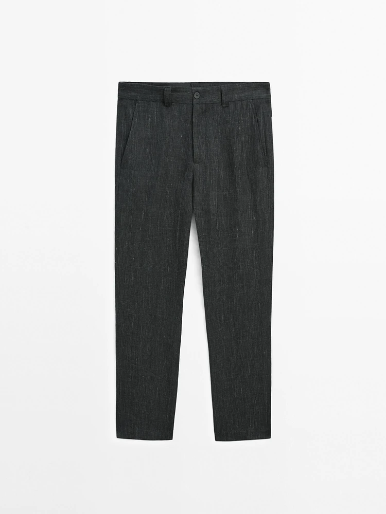 100% linen trousers with check detail