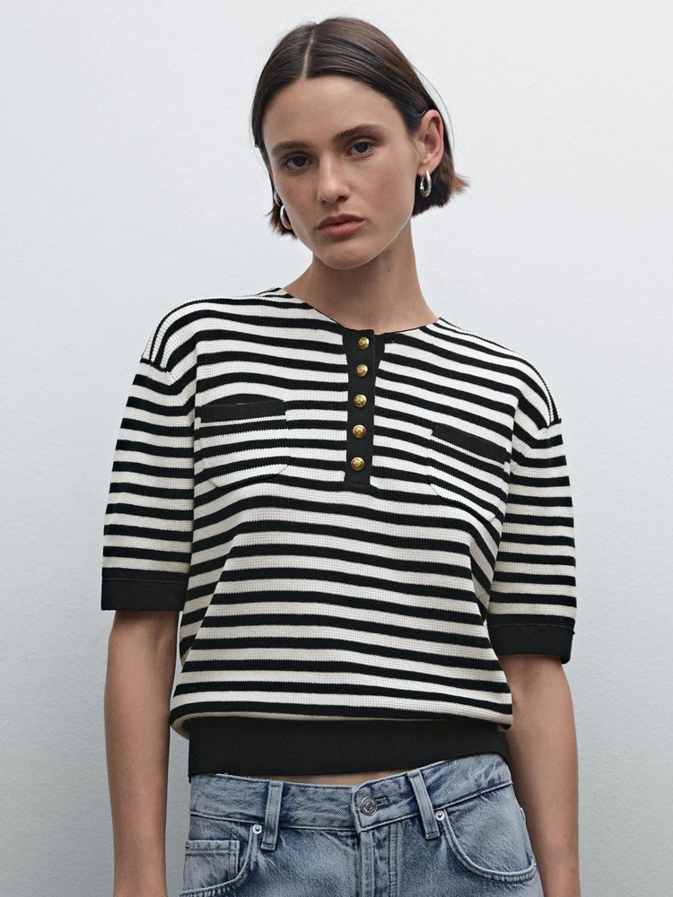 Striped short sleeve knit sweater