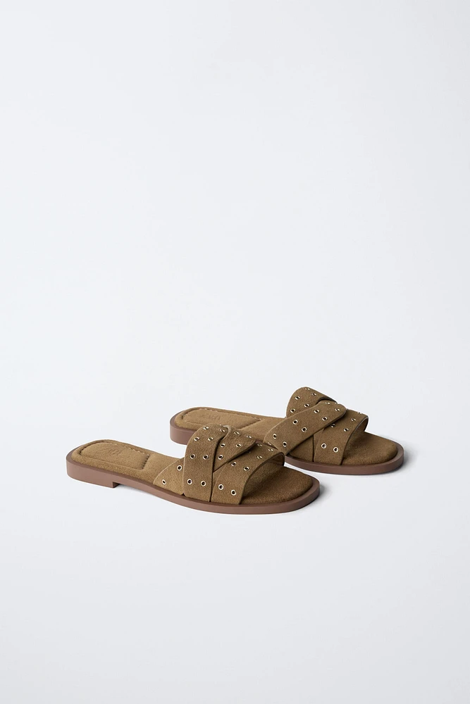 SUEDE CROSS STRAP FLAT SANDALS
