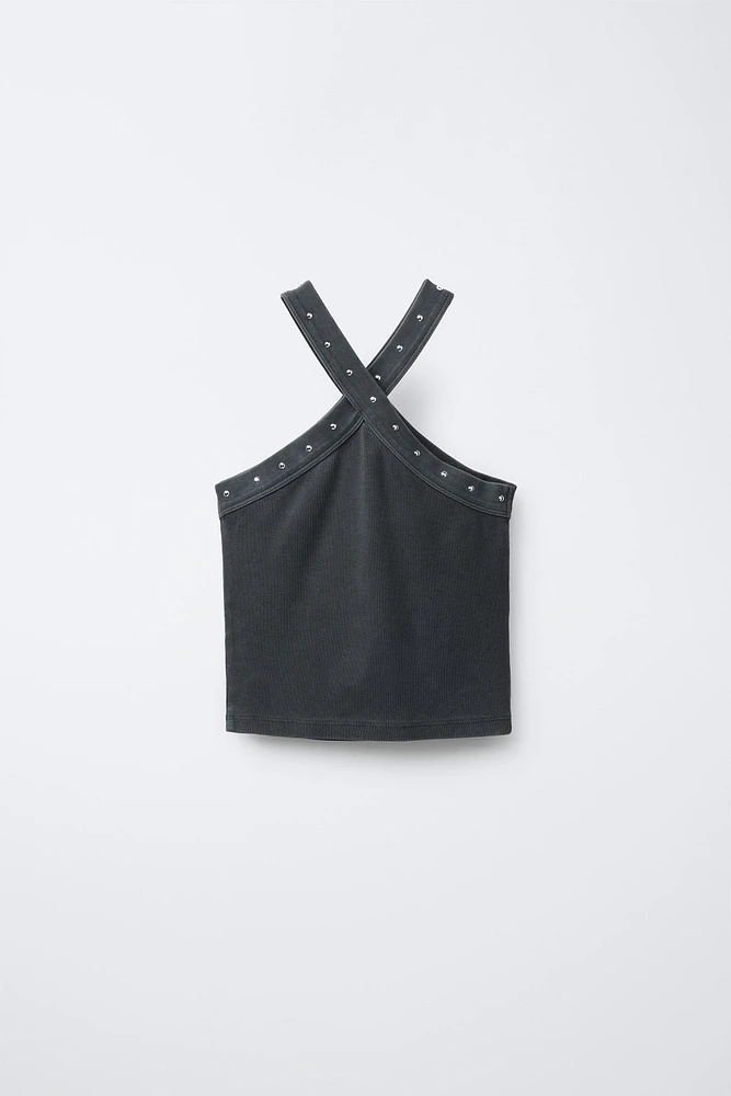 WASHED-EFFECT STUDDED HALTER TOP