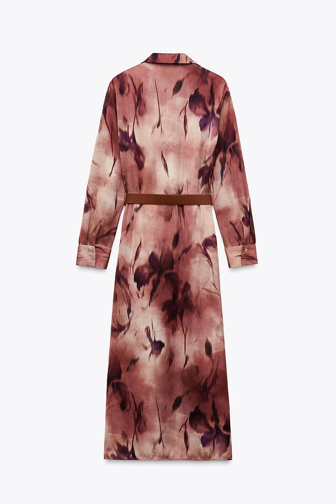 PRINTED SATIN MIDI DRESS WITH BELT
