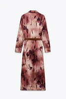 PRINTED SATIN MIDI DRESS WITH BELT