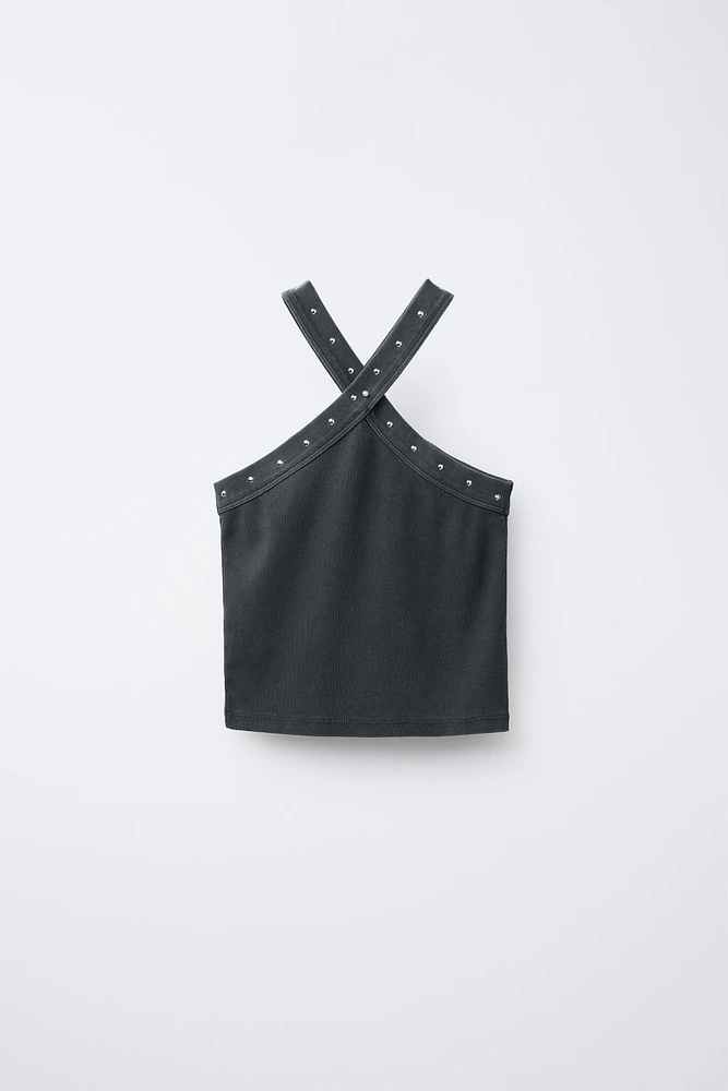 WASHED-EFFECT STUDDED HALTER TOP