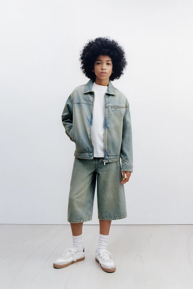 WASHED-EFFECT DENIM LONG SHORTS