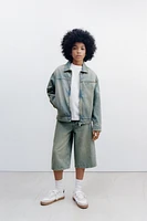 WASHED-EFFECT DENIM LONG SHORTS