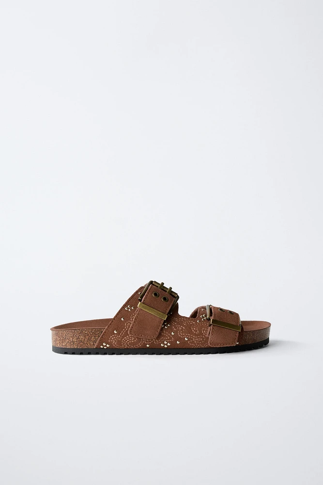 SPLIT LEATHER MICRO-STUD BUCKLE SANDALS