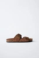 SPLIT LEATHER MICRO-STUD BUCKLE SANDALS