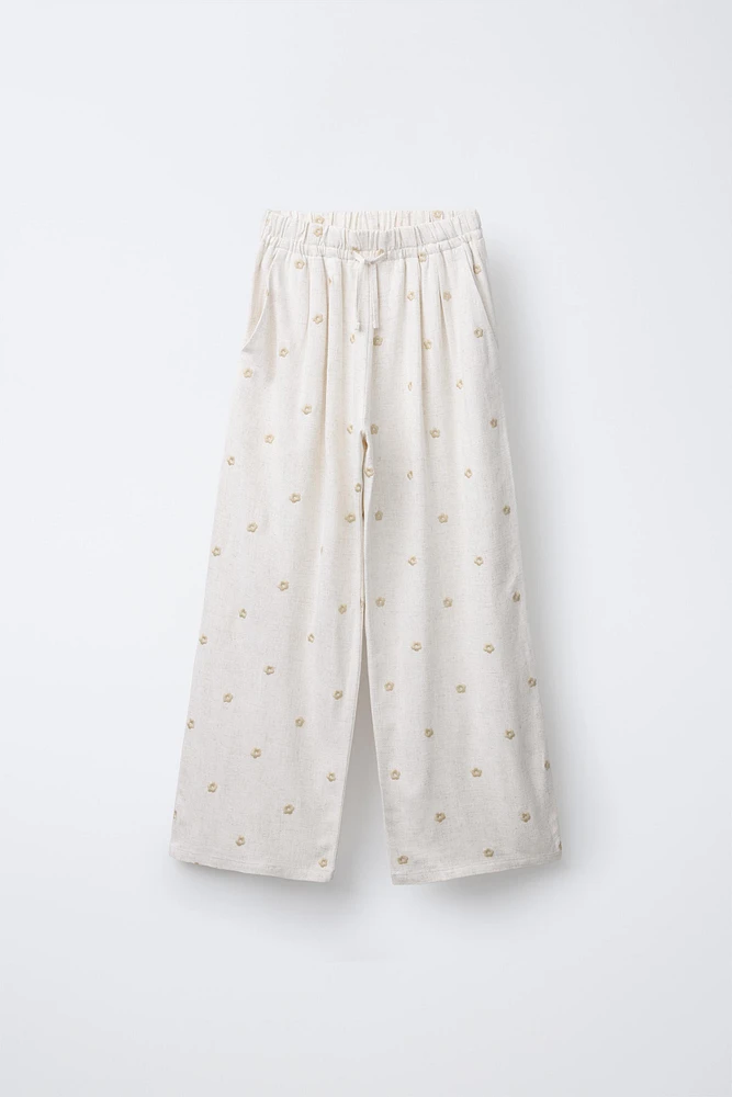 EMBROIDERED FLORAL WIDE LEG LINEN PANTS