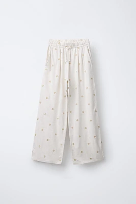 EMBROIDERED FLORAL WIDE LEG LINEN PANTS