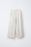 EMBROIDERED FLORAL WIDE LEG LINEN PANTS