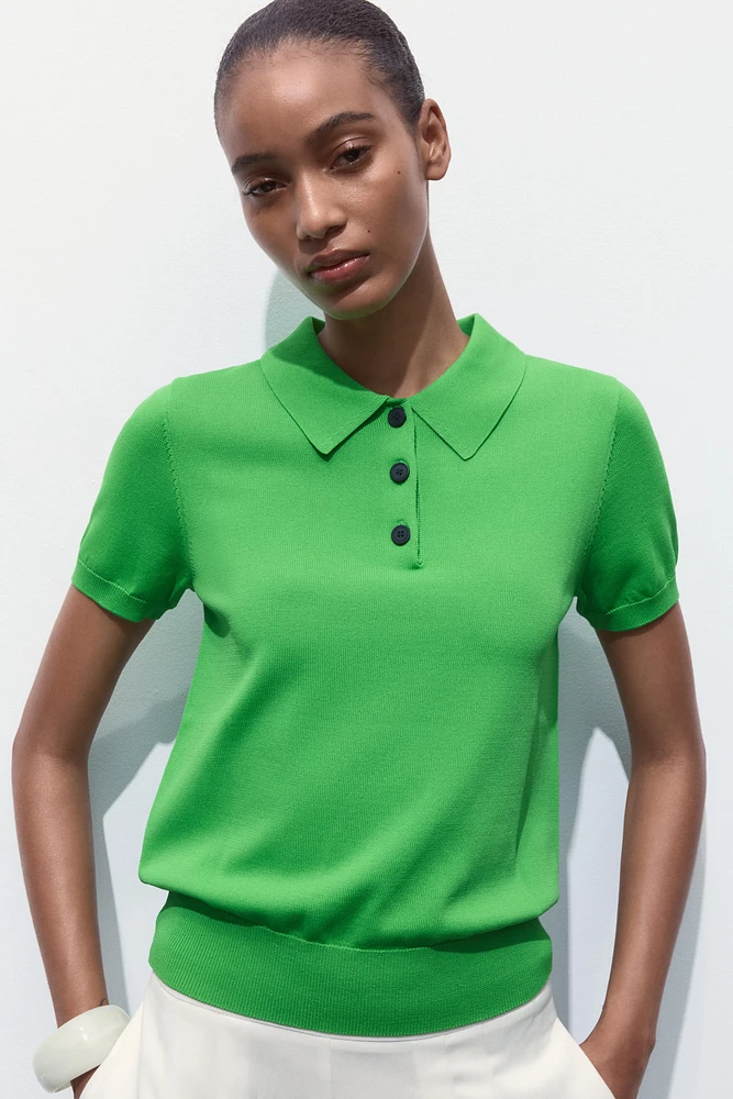 SHORT SLEEVE KNIT POLO TOP