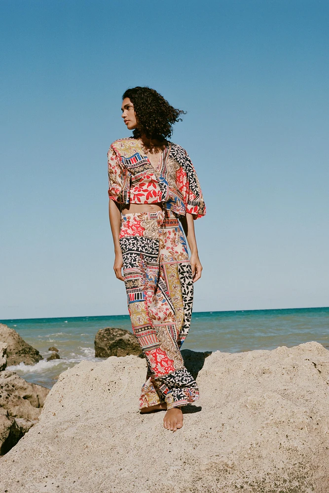 PATCHWORK PRINT WIDE LEG PANTS