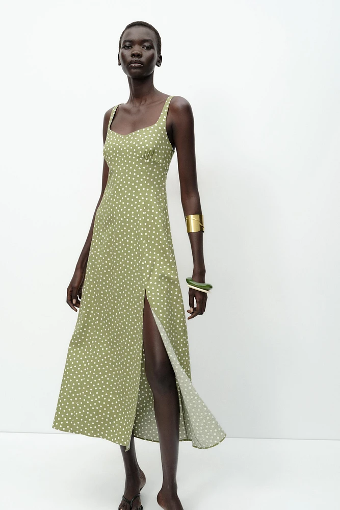 LINEN BLEND POLKA DOT MIDI DRESS