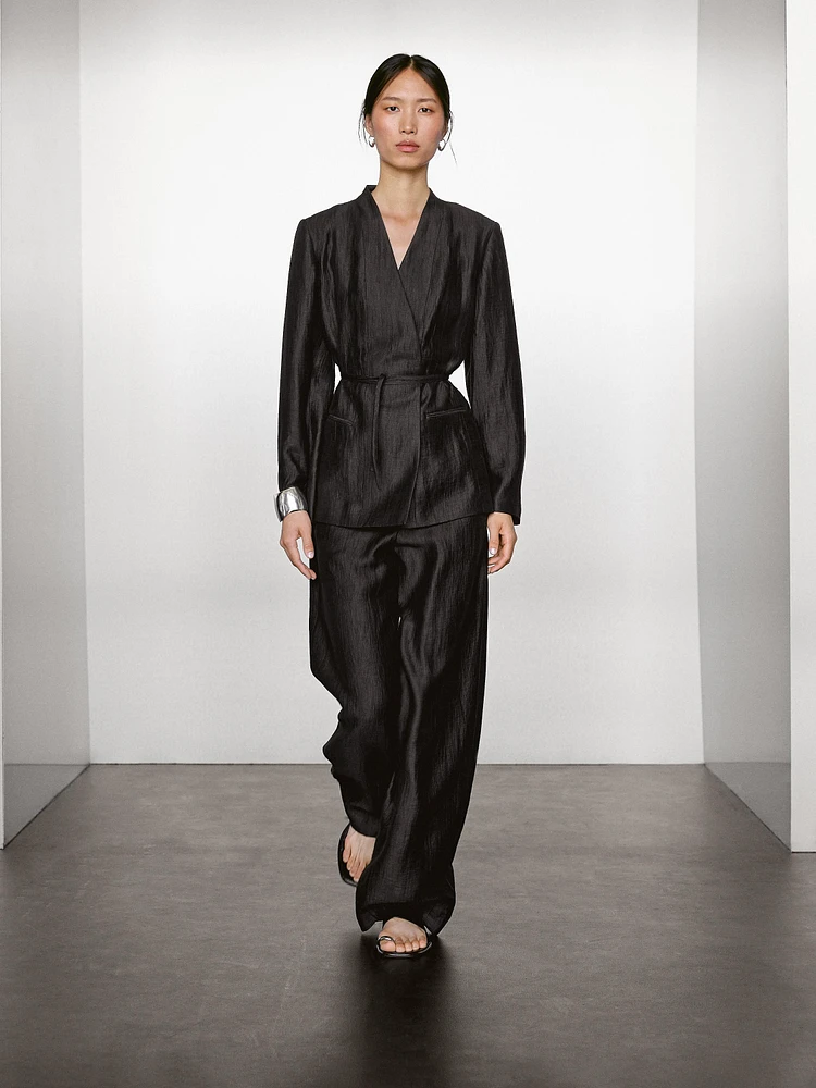 Pantalon palazzo à pinces en lin mélangé