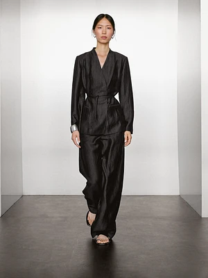 Pantalon palazzo à pinces en lin mélangé