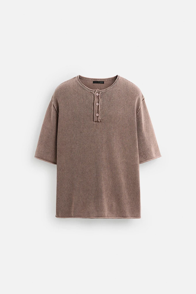 WASHED KNIT BUTTON-UP T-SHIRT