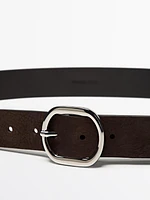 Nubuck leather belt with oval buckle