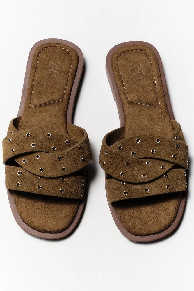 SUEDE CROSS STRAP FLAT SANDALS