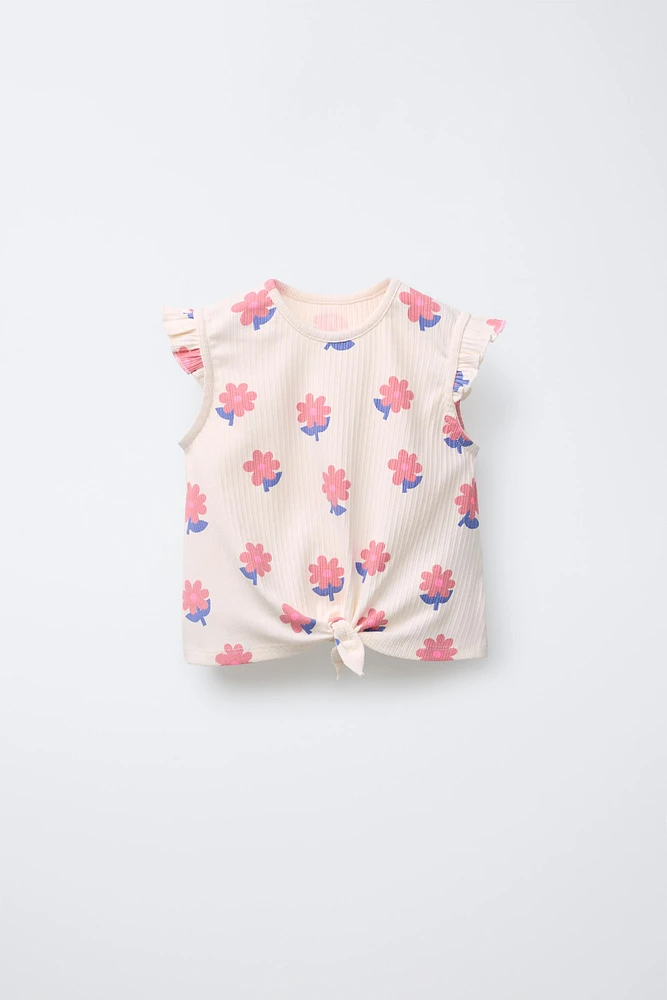 RIBBED PRINTED KNOT T-SHIRT