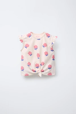 RIBBED PRINTED KNOT T-SHIRT